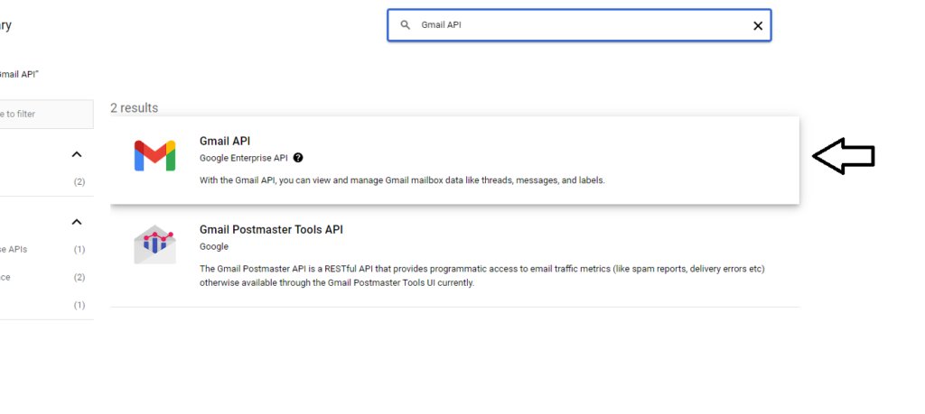 إختيار خدمة Gmail API