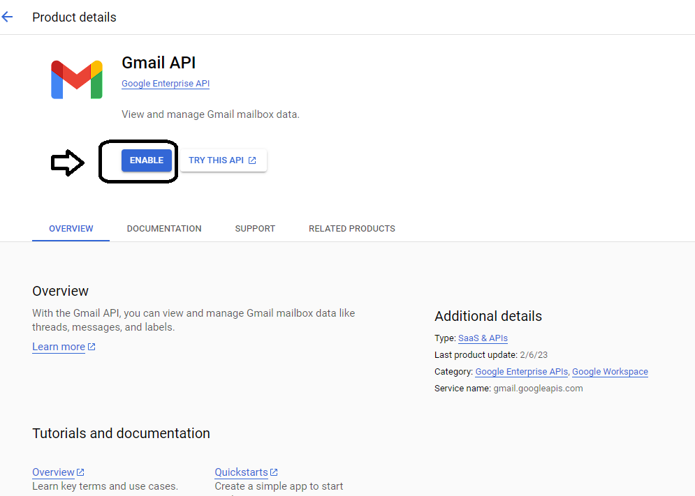 تفعيل خدمة Gmail API